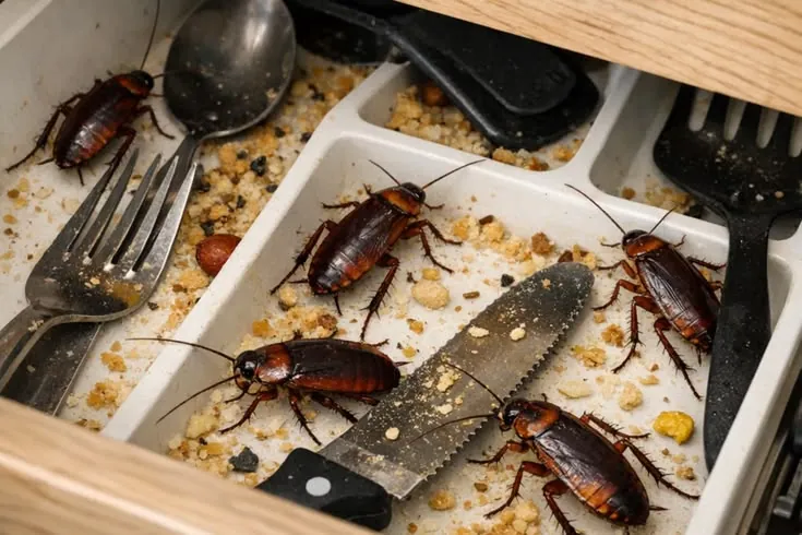 German cockroaches crawling through a kitchen cutlery drawer