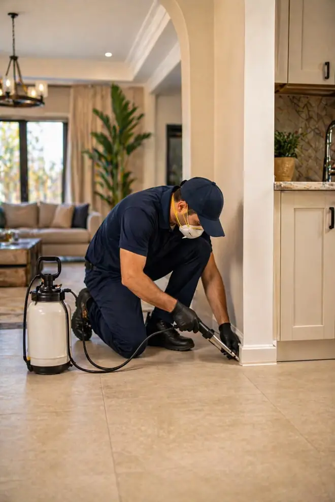 Crystal Creek technician treating a baseboard inside a home