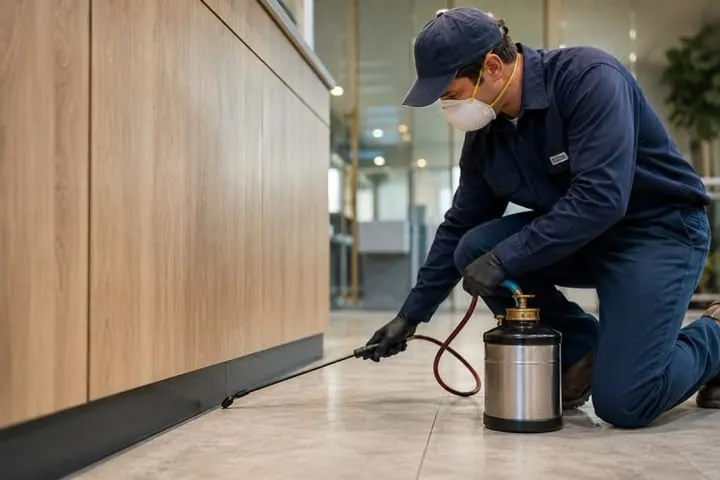 Crystal Creek technician applying a baseboard treatment indoors