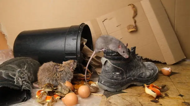 Rat scavenging through spilled food waste indoors